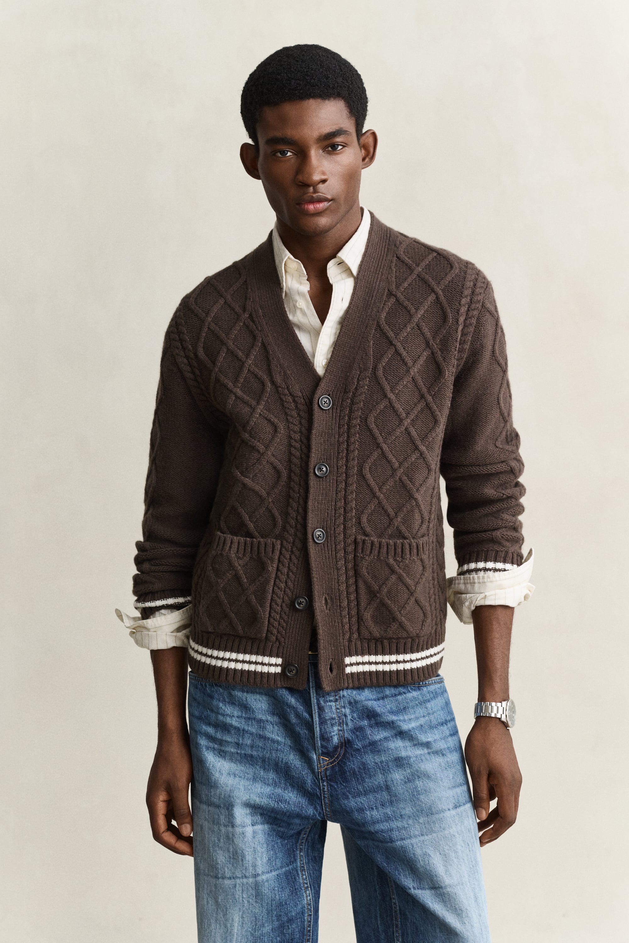 Wool Blend Cable Knit Cardigan SHADOW