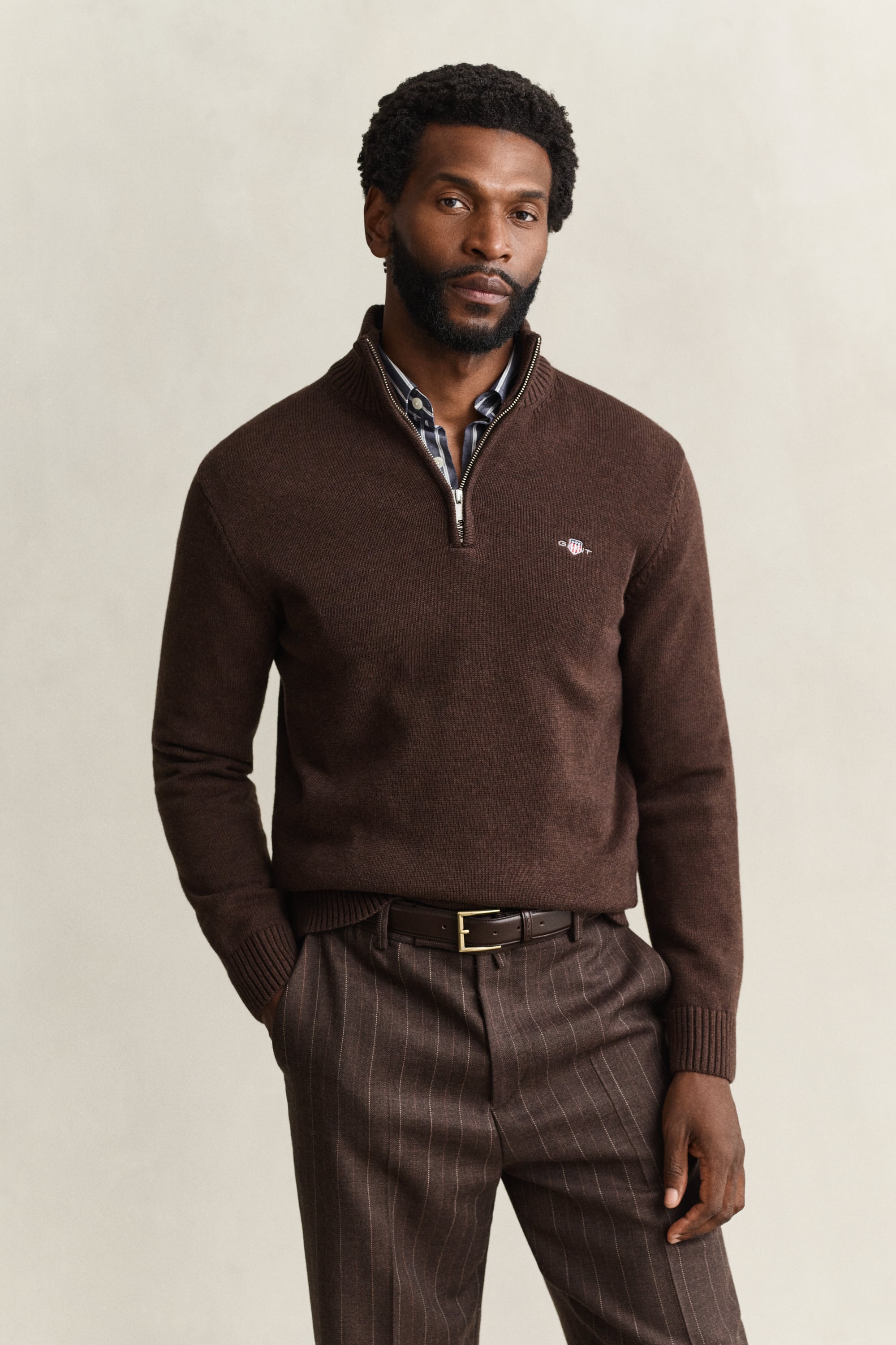 Gant Men's Brown Casual Cotton Half-Zip Sweater - Black Melange - M - Image 2