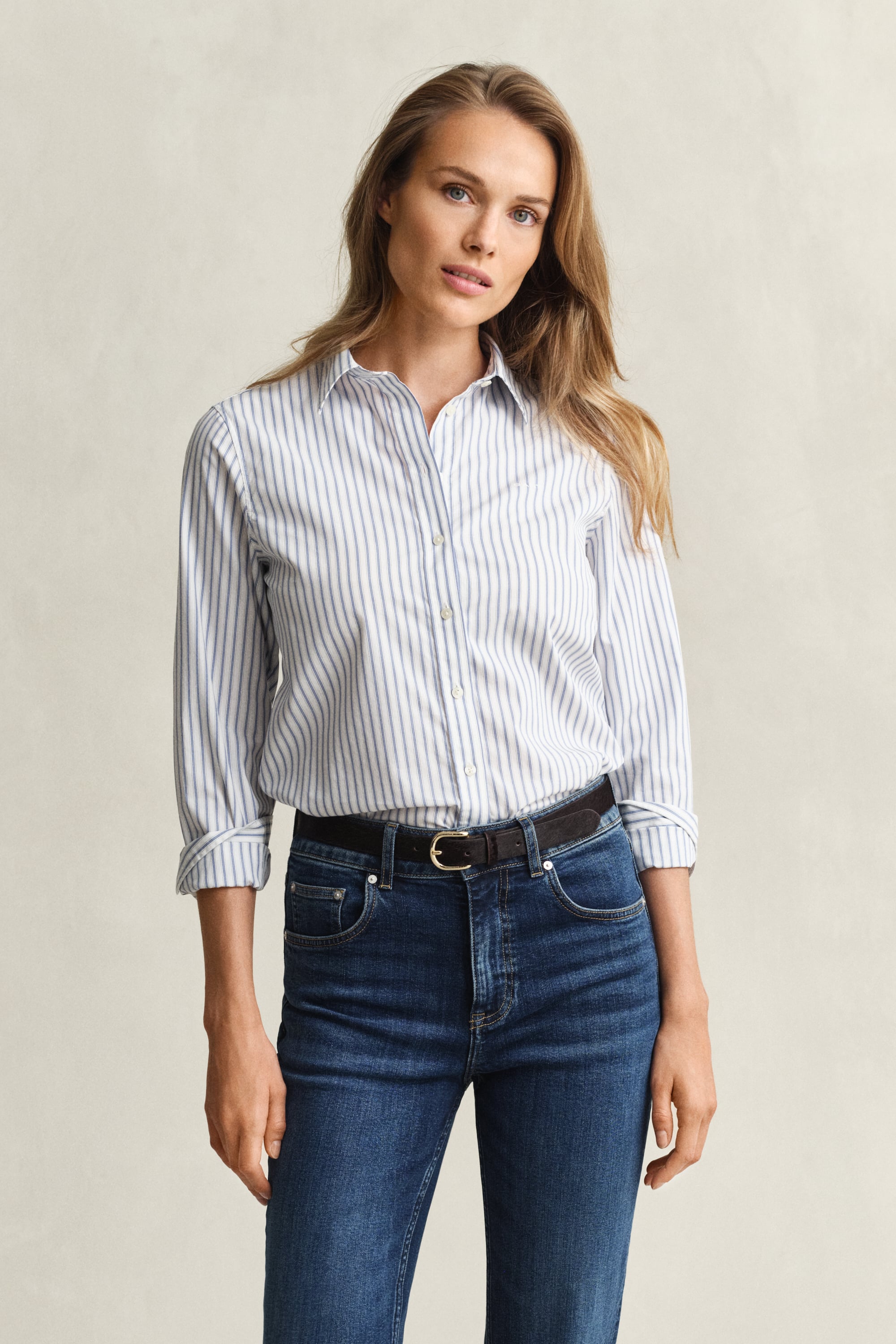 Gant Women's Off White Regular Fit Striped Poplin Shirt (38) Eggshell