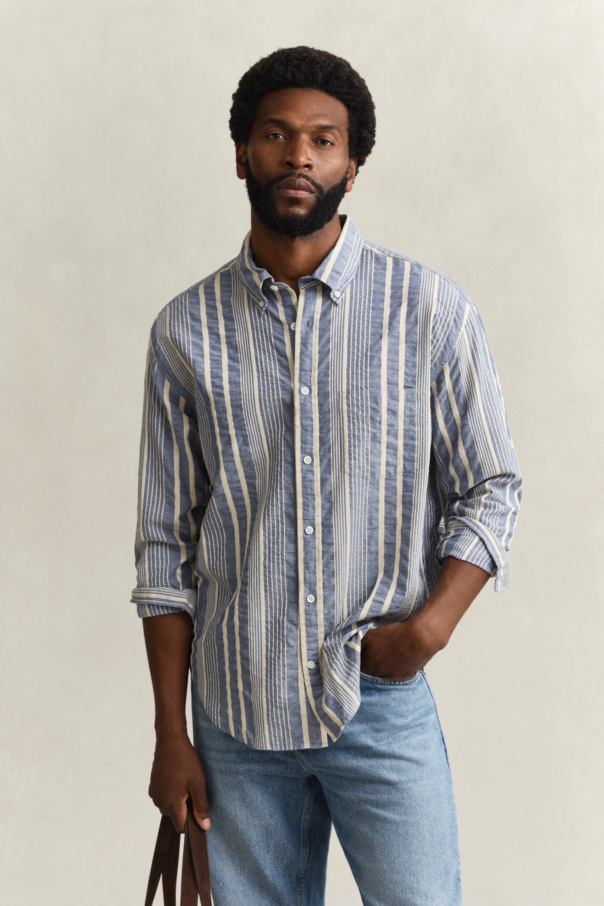 Gant Men's Vintage Blue Relaxed Fit Striped Seersucker Shirt (Xxl)
