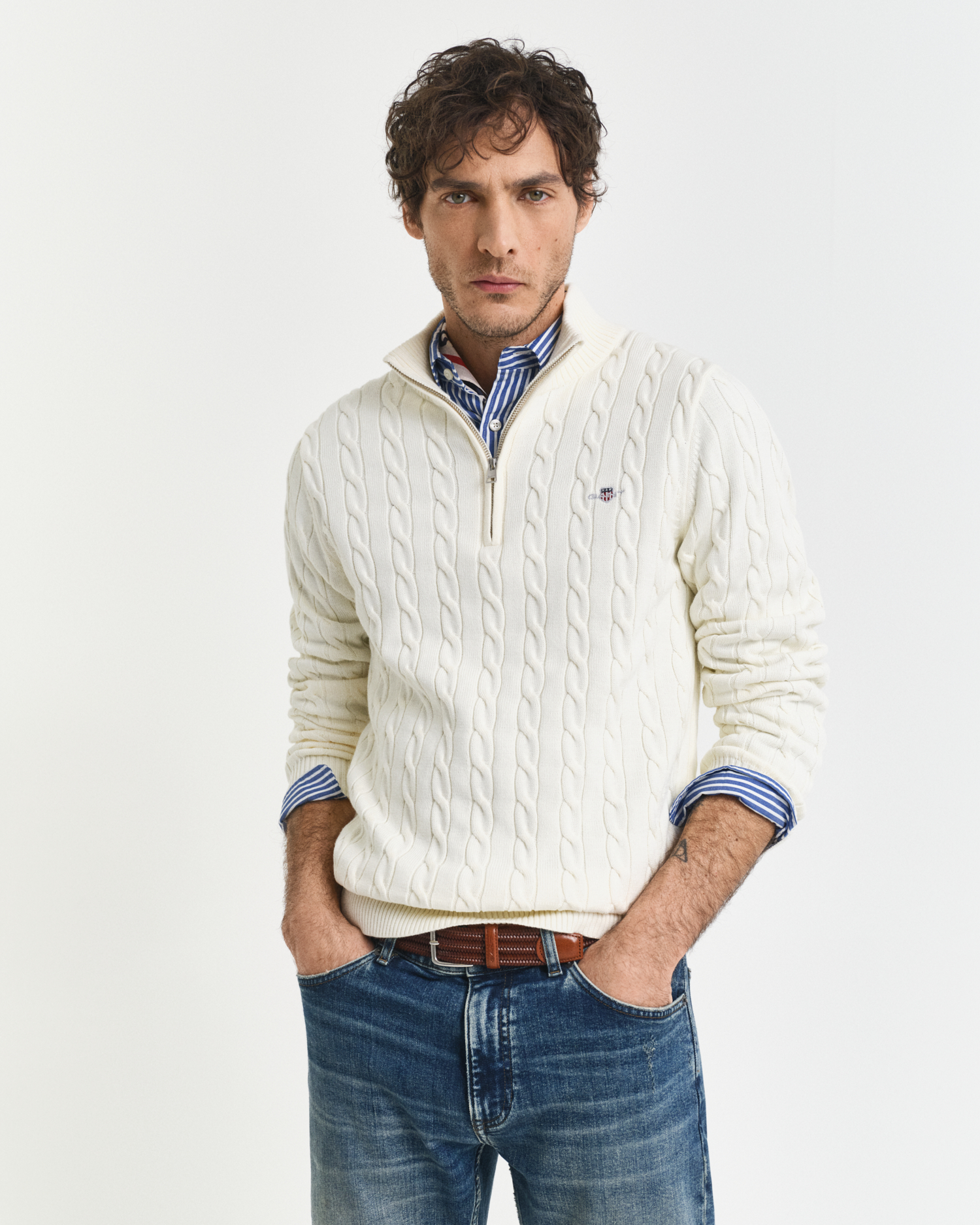 Gant Men's Cream Cotton Cable Knit Half-Zip Sweater ) 4XL