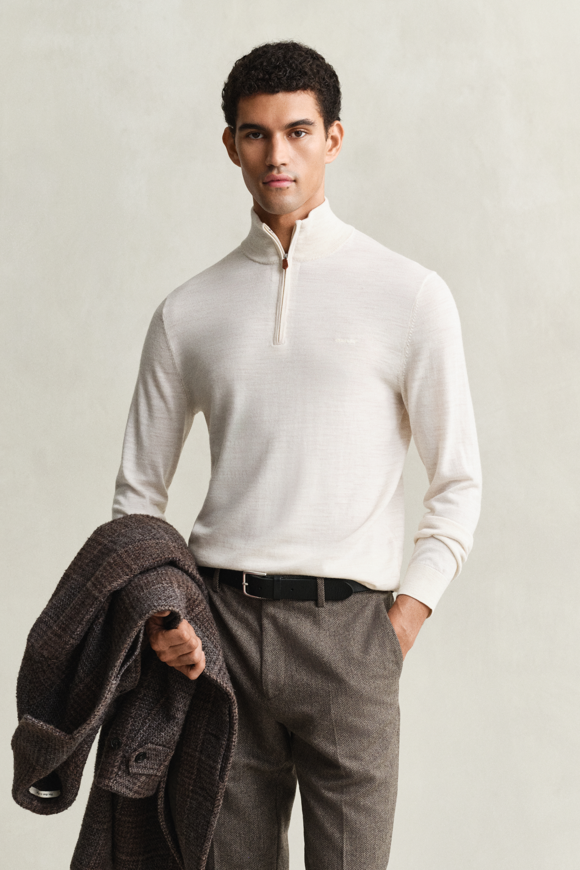 Gant Men's Beige Extra Fine Merino Wool Half-Zip Sweater (4Xl) Seed Melange