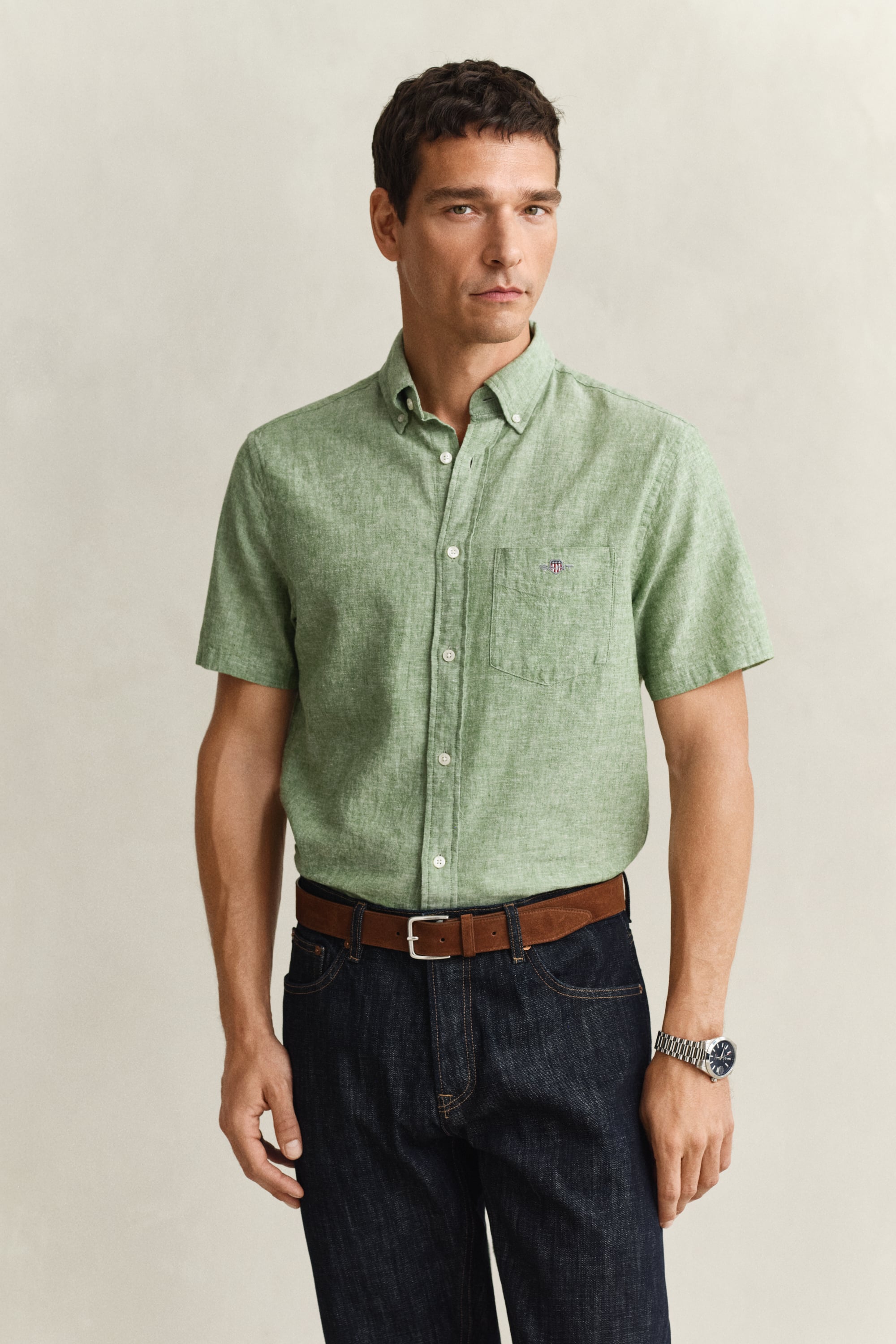Gant Men's Herb Green Linen Blend Short Sleeve Shirt (Xxl)