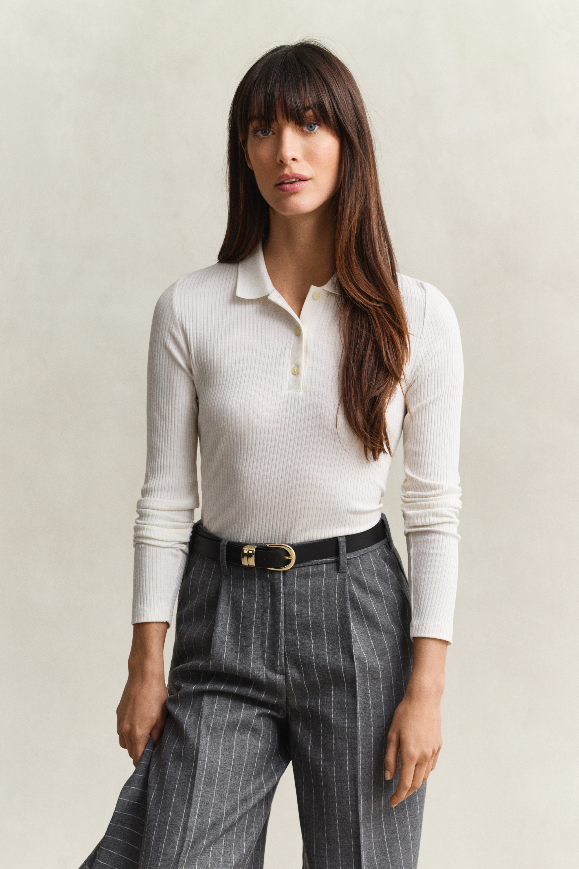 Gant Women's Off White Slim Ribbed Polo Top (Xxl) Eggshell