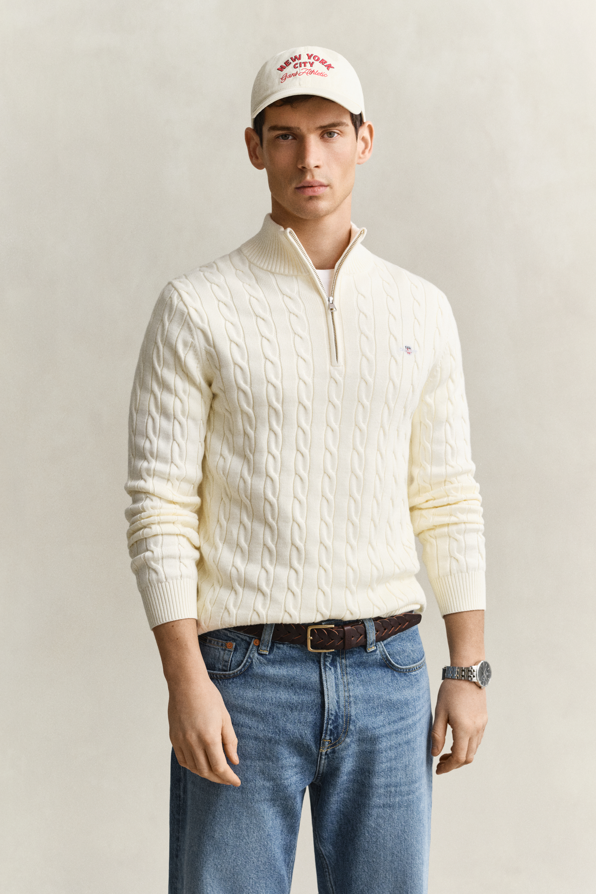 Gant Men's White Cotton Cable Knit Half-Zip Sweater (Xxxl) Cream
