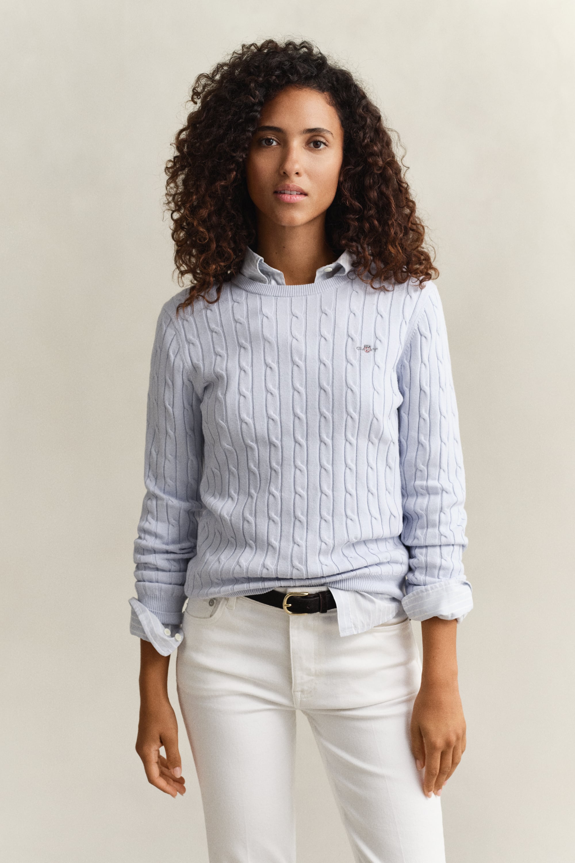 Gant Women's Light Blue Cable Knit Crew Neck Sweater (Xxl)