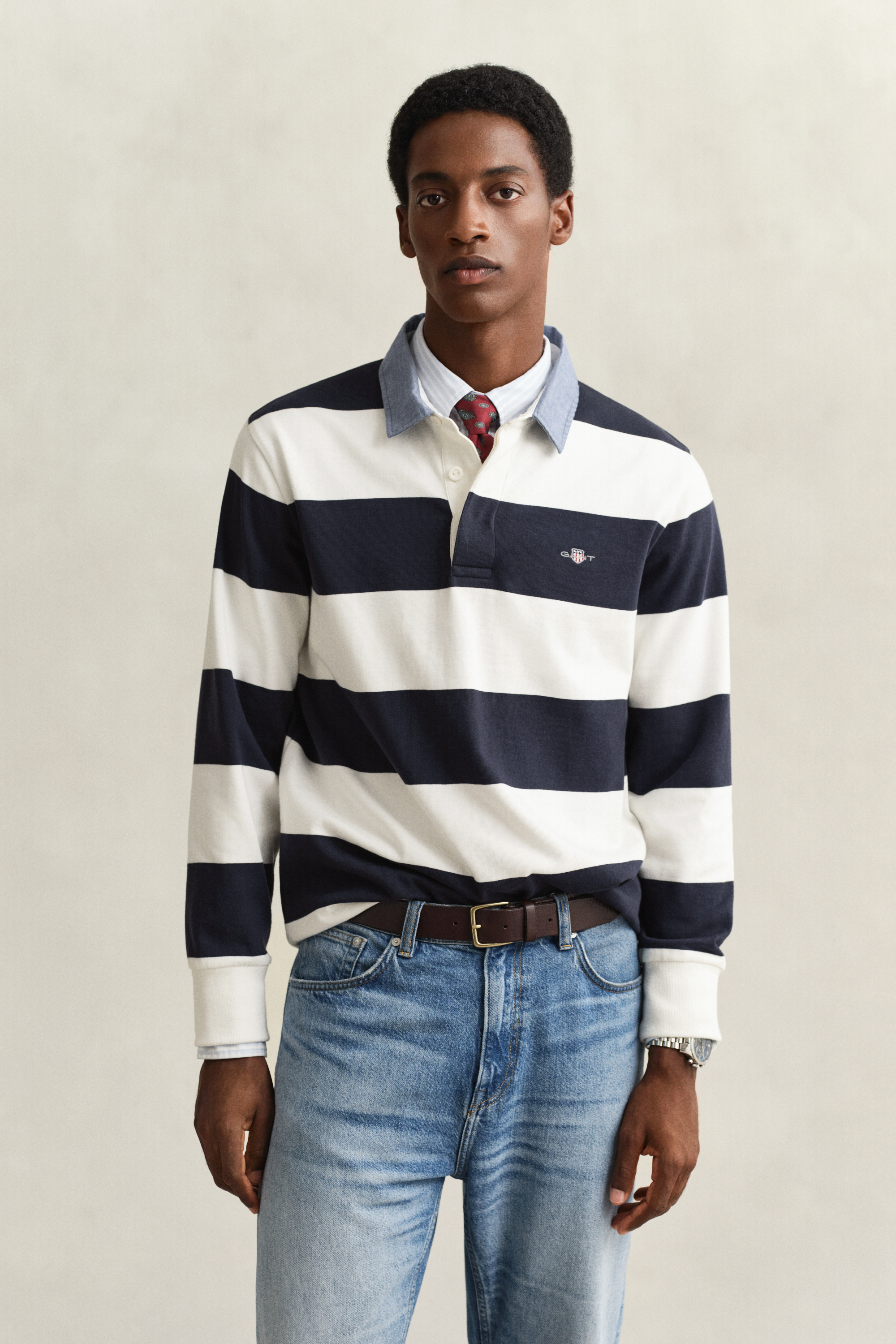 Gant Men's Off White Chambray Collar Striped Heavy Rugger (Xxxl) Eggshell