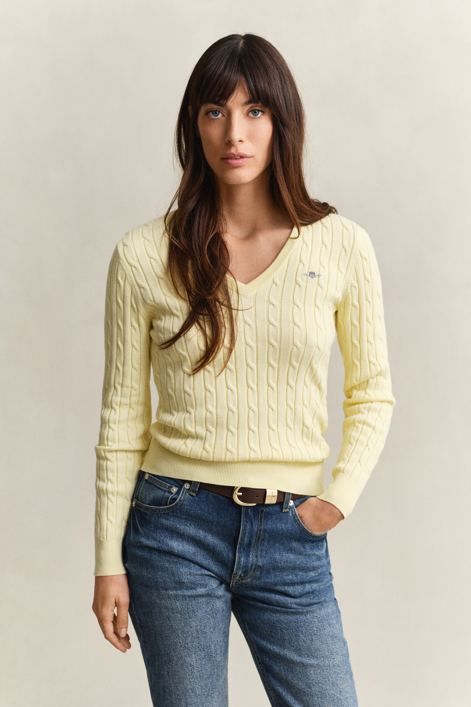 Gant Women's Vanilla Yellow Cable Knit V-Neck Sweater (Xxl)