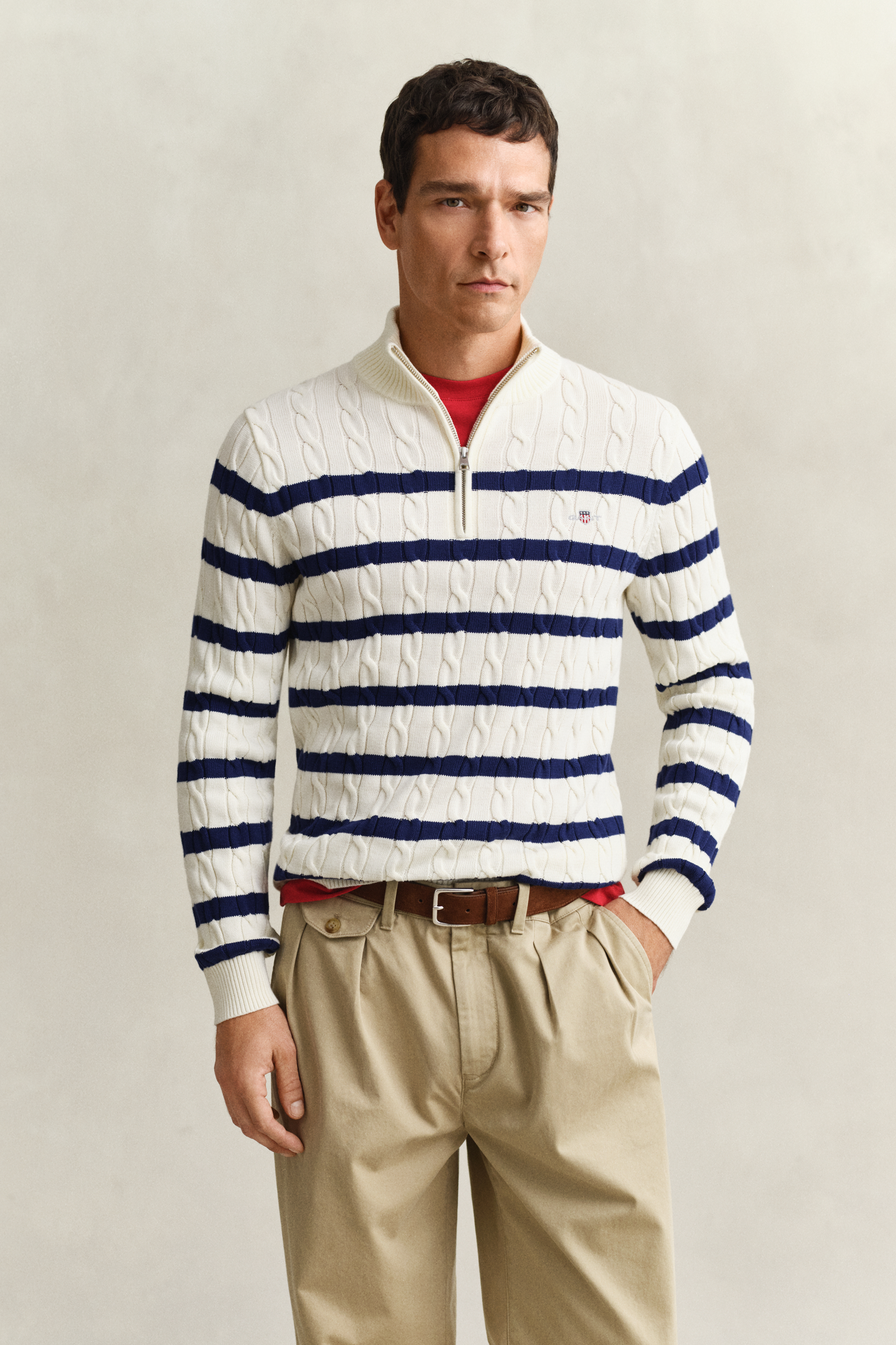 Gant Men's White Striped Cotton Cable Knit Half-Zip Sweater (Xxxl) Cream