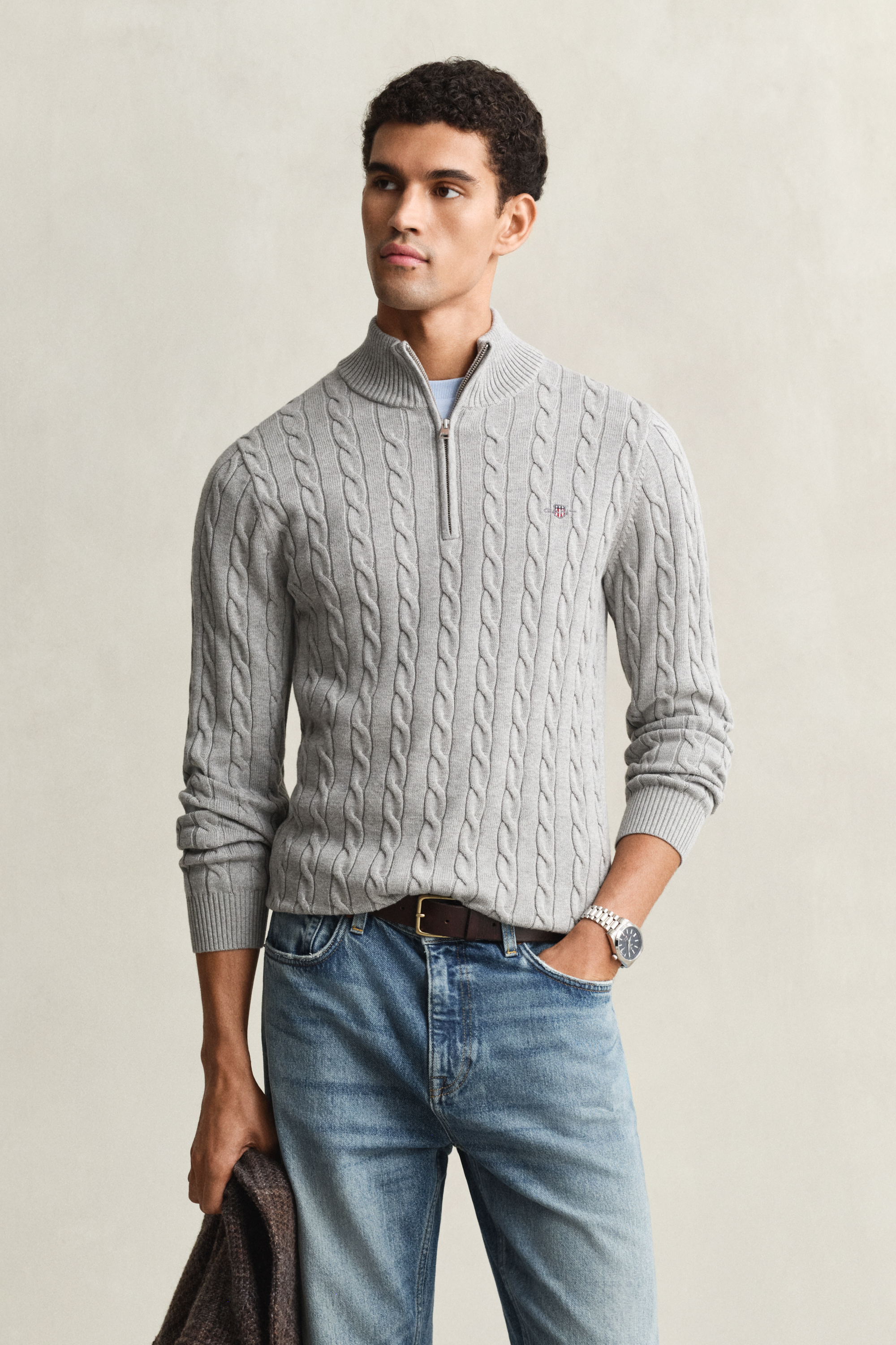 Gant Men's Grey Cotton Cable Knit Half-Zip Sweater (L) Melange