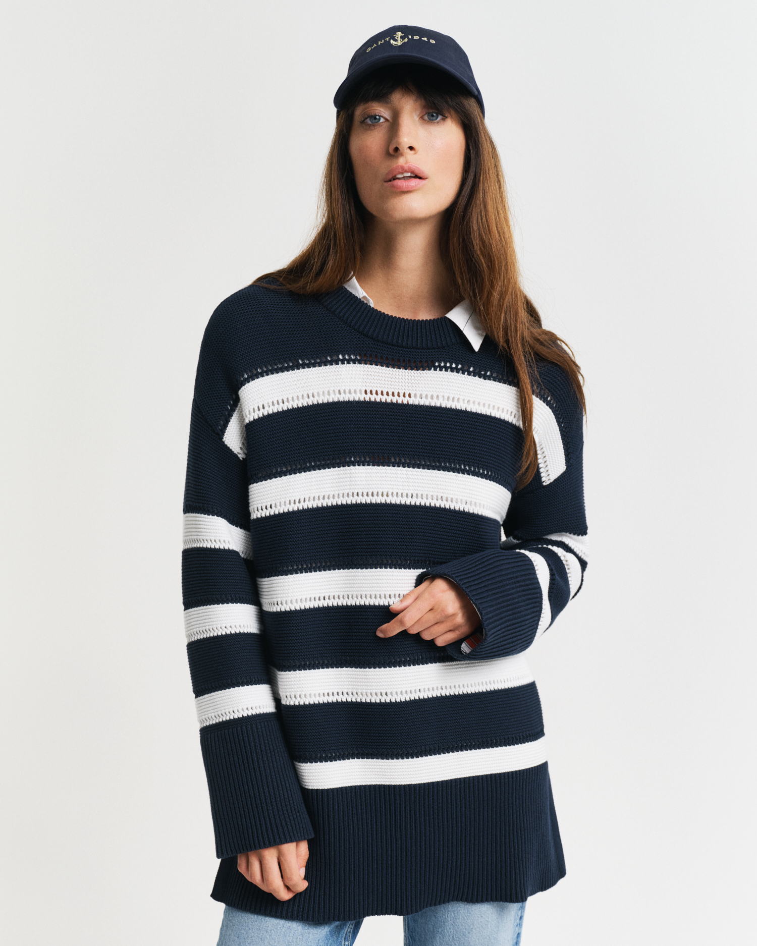 Gant Women's Blue Striped Textured Crew Neck Sweater (L)