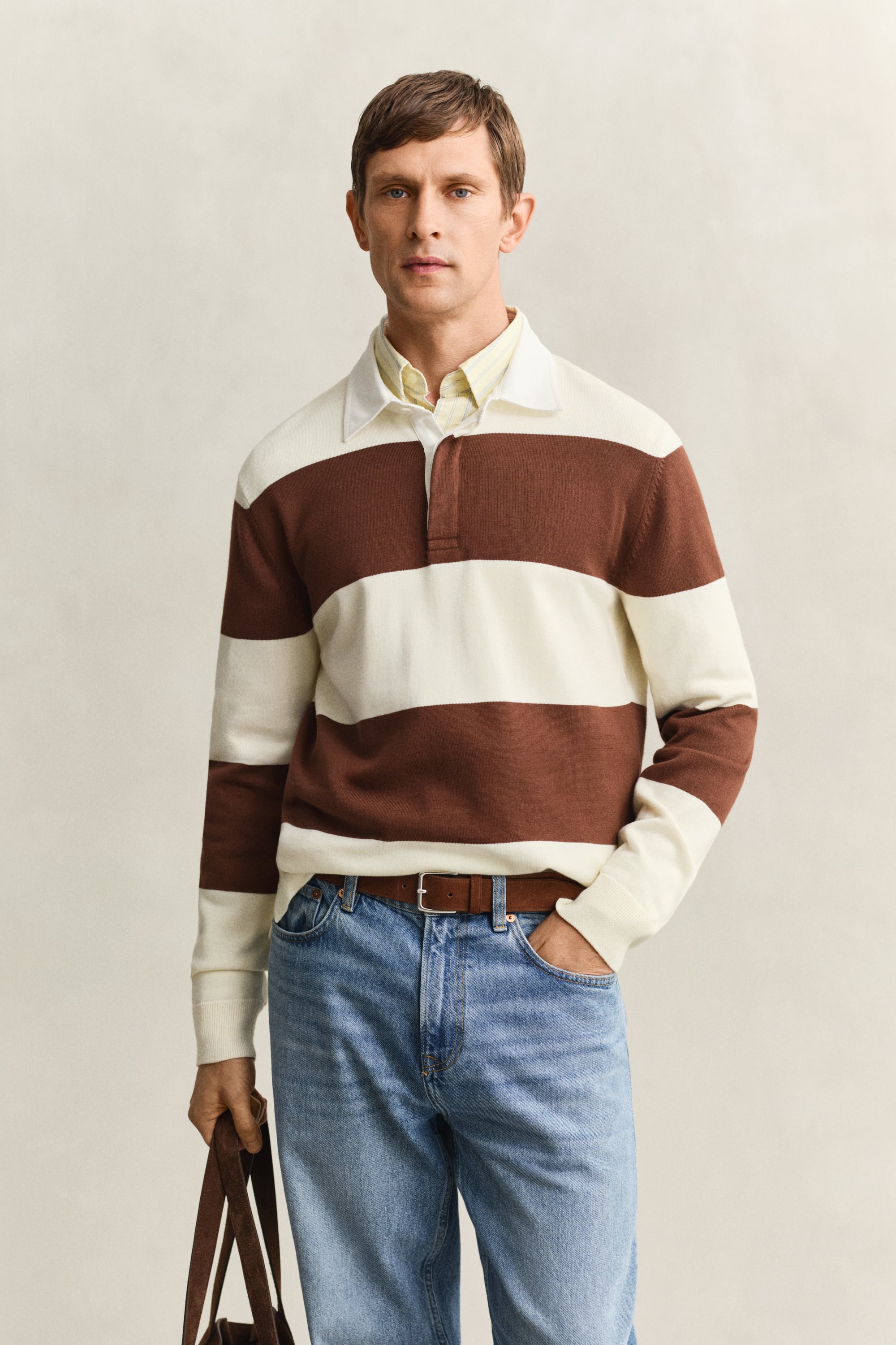 Gant Men's White Barstriped Cotton Polo Sweater (L) Cream